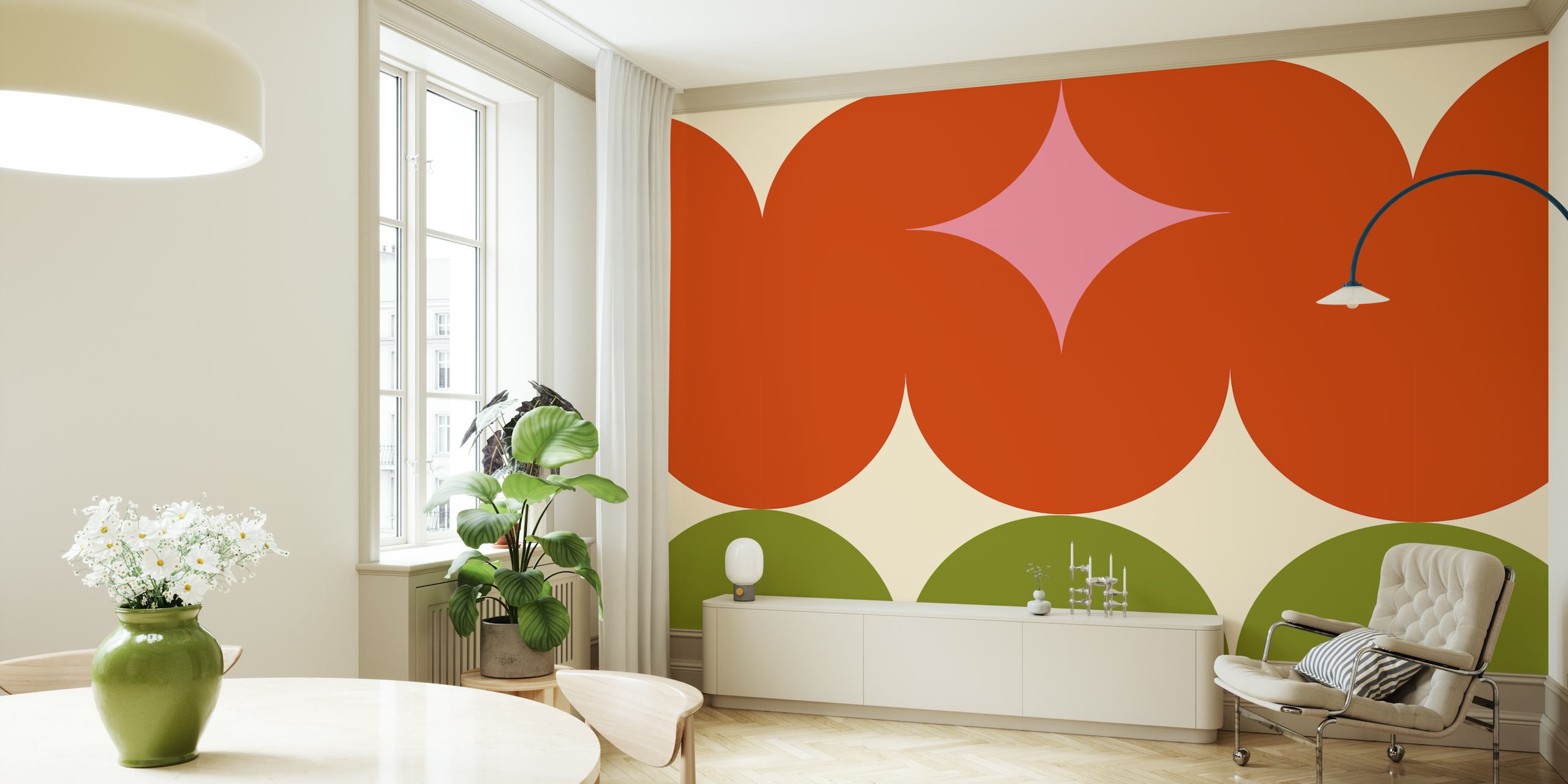 Geometric patterns in orange and green with pink accents wallpaper